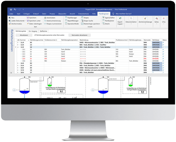 X-Visual P&ID Software PlantEngineer User Interface Screen Lists